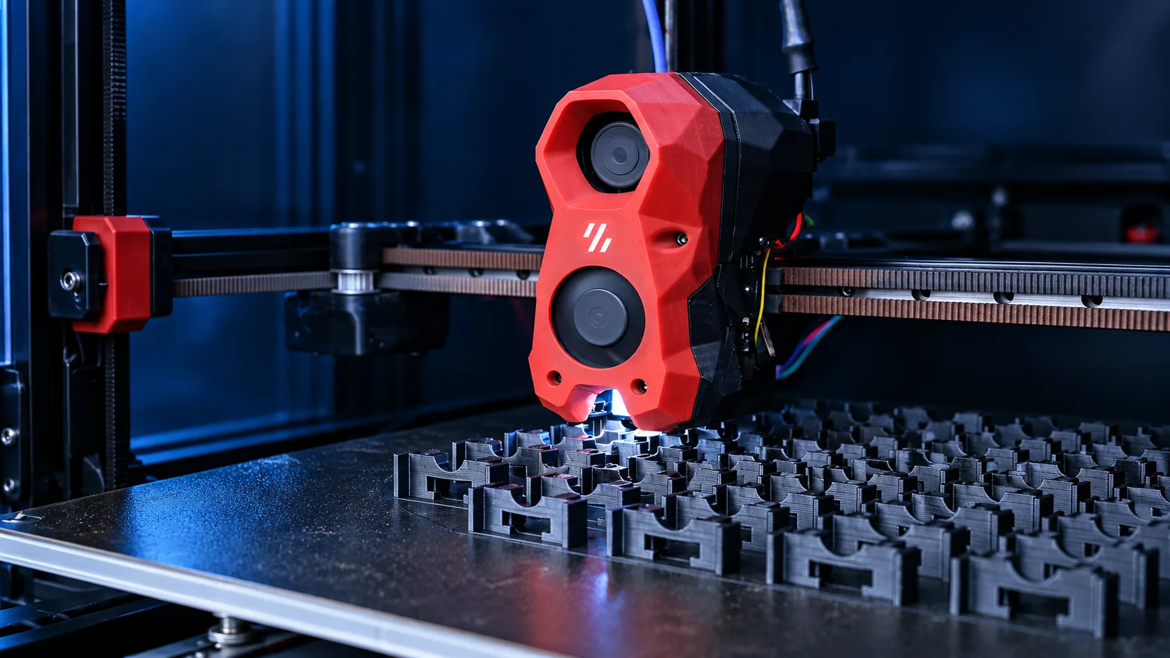 Cabeçote vermelho da Voron imprimindo uma série de componentes pretos, com tratamento visual